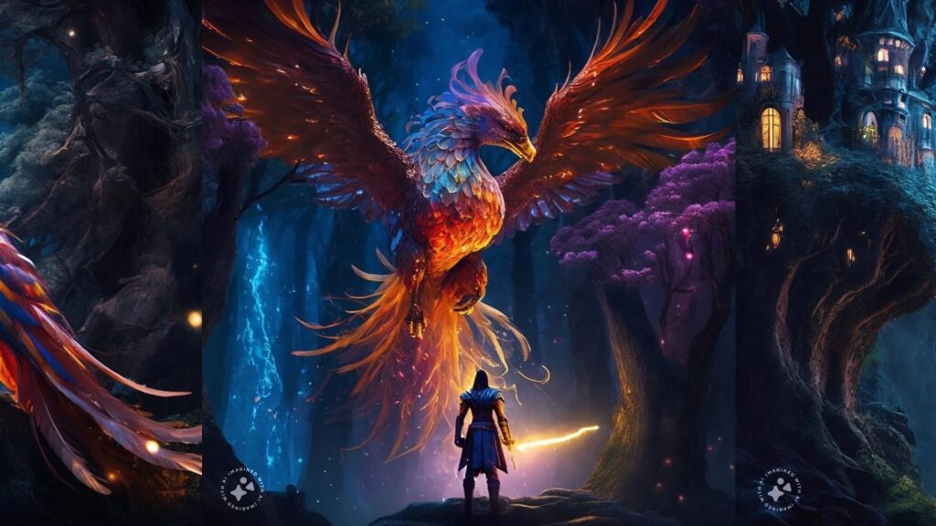 Eine lebendige, KI-generierte Fantasy-Szene mit einem leuchtenden Phönix, der seine Flügel über einem einsamen Krieger in einem mystischen Wald ausbreitet und die Fähigkeiten moderner generativer KI demonstriert.