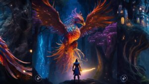 Eine lebendige, KI-generierte Fantasy-Szene mit einem leuchtenden Phönix, der seine Flügel über einem einsamen Krieger in einem mystischen Wald ausbreitet und die Fähigkeiten moderner generativer KI demonstriert.