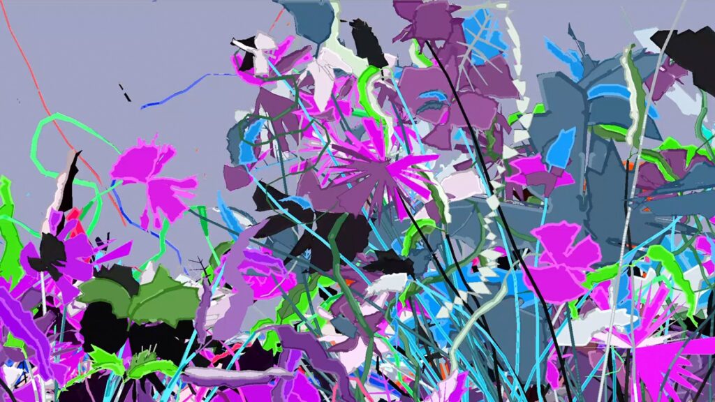Ein abstraktes, farbenfrohes digitales Kunstwerk, das von AARON, einem wegweisenden KI-Kunstsystem des Künstlers Harold Cohen, erstellt wurde und komplexe florale und geometrische Formen aufweist.